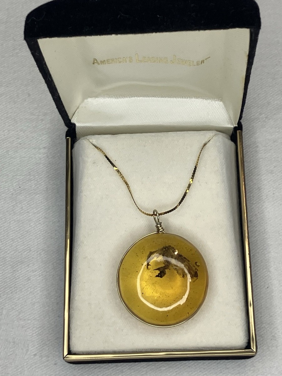 14K Solid Gold 24 Inches Chain With Amber Pendant