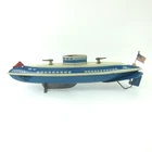 Vintage Wolverine Wind Up Submarine Tin Toy Cork & Flag Red White Blue WORKS!