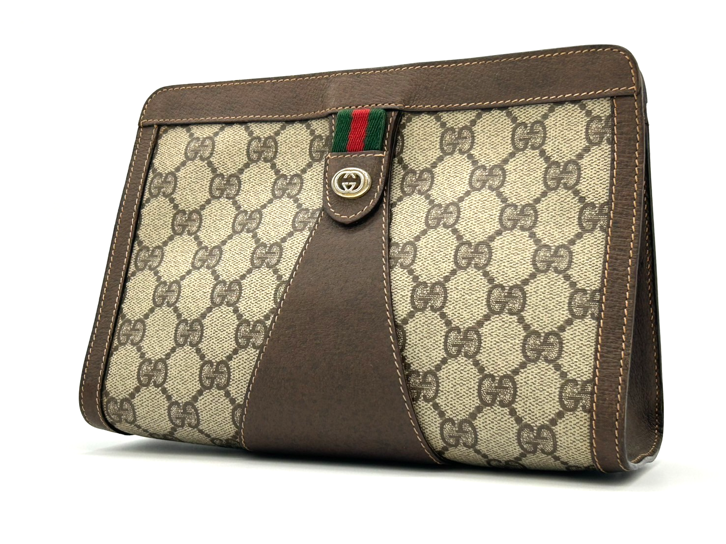 Gucci Vintage Clutch Bag Sherry Line GG Supreme PVC Leather Brown Authentic