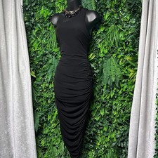 Lulus Dress Small Black One Shoulder Ruched Bodycon Midi Cocktail 4097