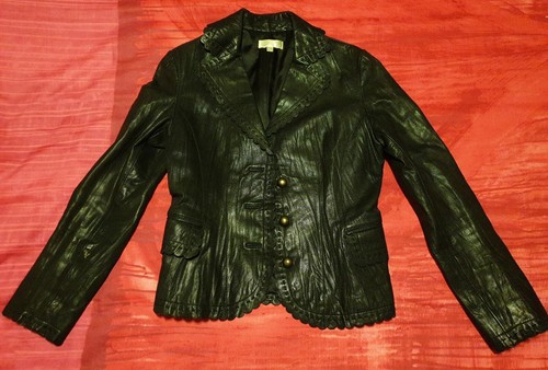 Womens Etam leather jacket size 38 black goatskin frill detail lined beautiful - Picture 3 of 12
