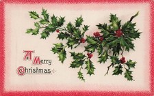 Antique Christmas Card Holly Red Dots Frame Large Letters Vtg Postcard E34