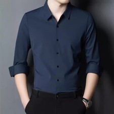 Men's Shirt Long Sleeved New Business Casual Ice Silk Lining Single Button Shirt
