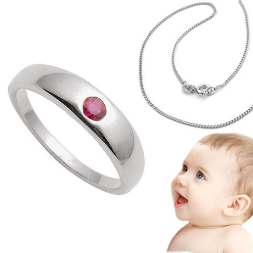 Baby Taufe Rubin Taufring Weiß Gold 585 (14 Kt) Mit Kette Silber 925 Rhodiniert-image