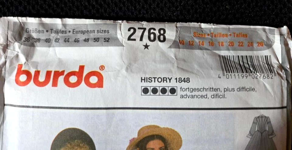 BURDA PATTERN 2768-HISTORY 1848-WOMENS CIVIL WAR DRESS SZ 10-26 NOS UNCUT - Image 2 of 4