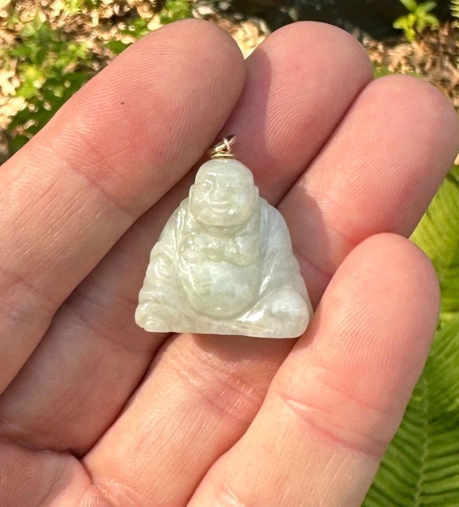 Pendentif Bouddha En Jade Et Or 14 Carats - Style Art Déco Vintage - Collier Long - Occasion