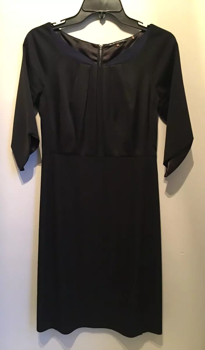 Elie Tahari Sheath Dress Womens 2 Black Satin Lining 3 4 Sleeve Zip Back Closure
