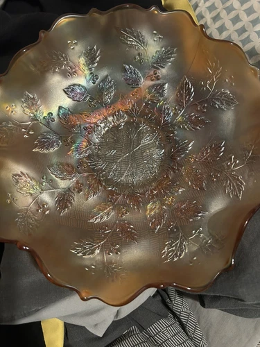 Vintage Fenton Holly Berries Marigold  Carnival Glass Bowl Unique Scalloped Rim