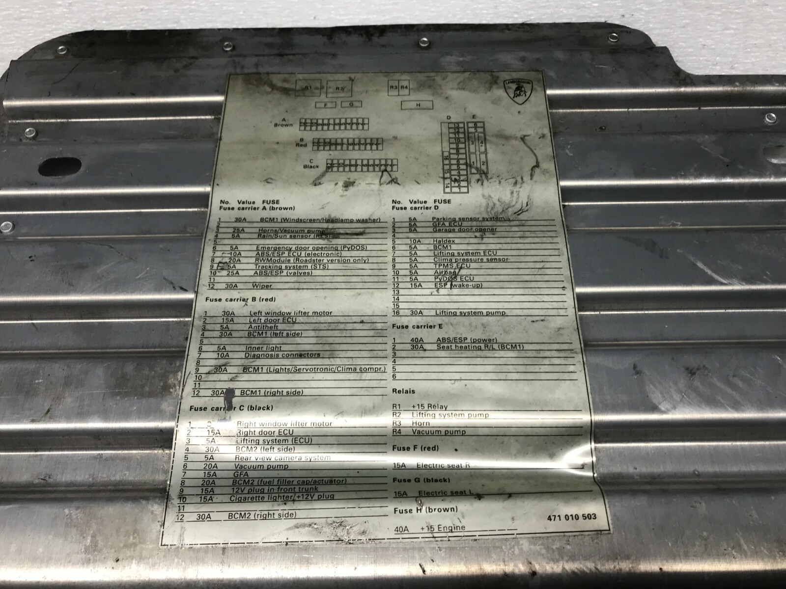 LAMBORGHINI AVENTADOR LP700 FUSEBOX COVER FOOTREST NAMEPLATE OEM 471010503