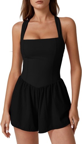 Women's Square Neck Sleeveless Romper Jumpsuit Casual Summer Outfit with Pocket - Picture 12 of 51