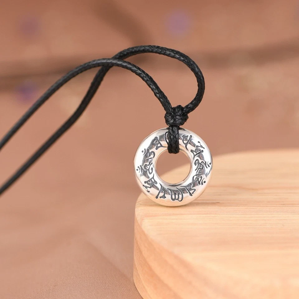 Women Men Real 925 Sterling Silver Lucky Retro Glossy Mantra Circle Pendant - Image 2 of 4