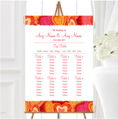 Personalisierter Tischplan orange rot und rosa Herzen Hochzeit Sitzgruppe