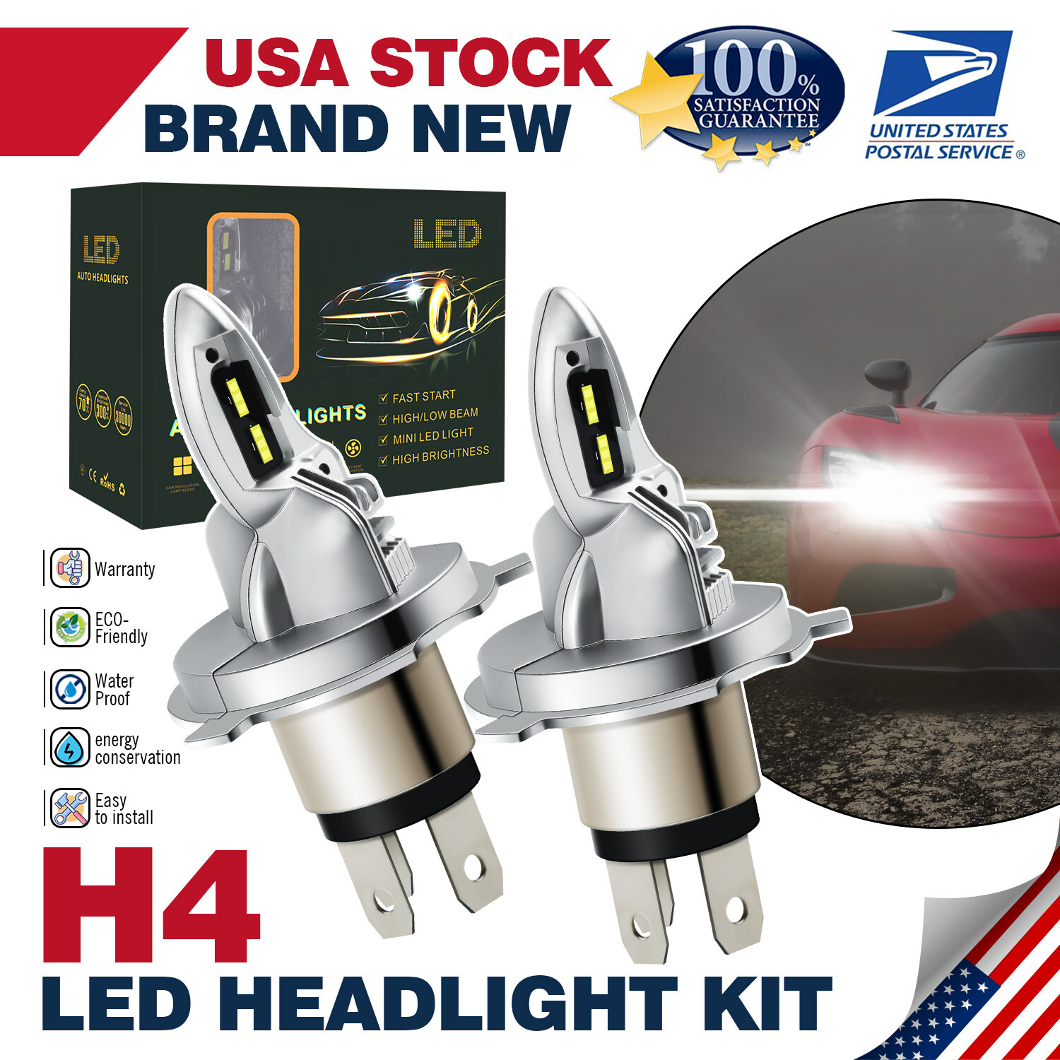 H4 LED Headlights Bulbs 6000K High Low Beams Kit Combo Super White Bright 2Pcs