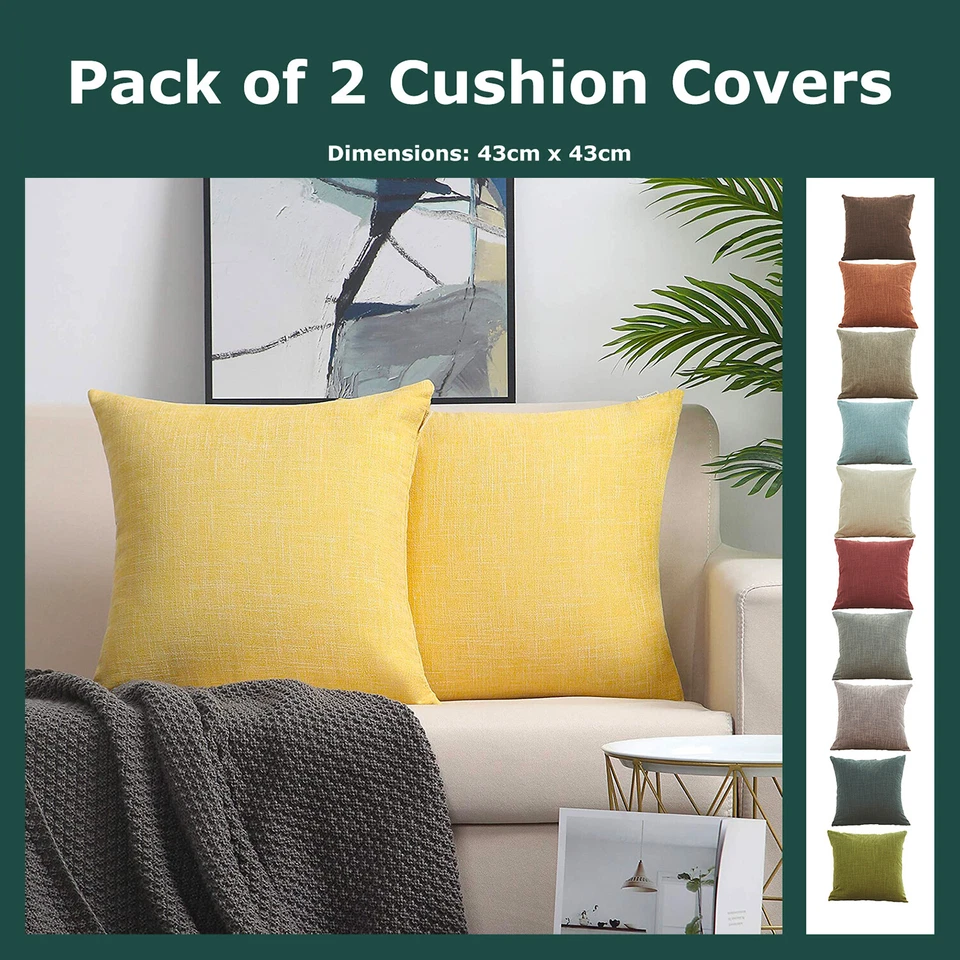 Pack of 2 Plain Cotton Linen Textured Cushion Covers 43*43cm Solid Pillow Cases