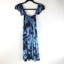 Boho Me A Line Dress Off Shoulder Ruffle Tie Dye Knee Length Blue L