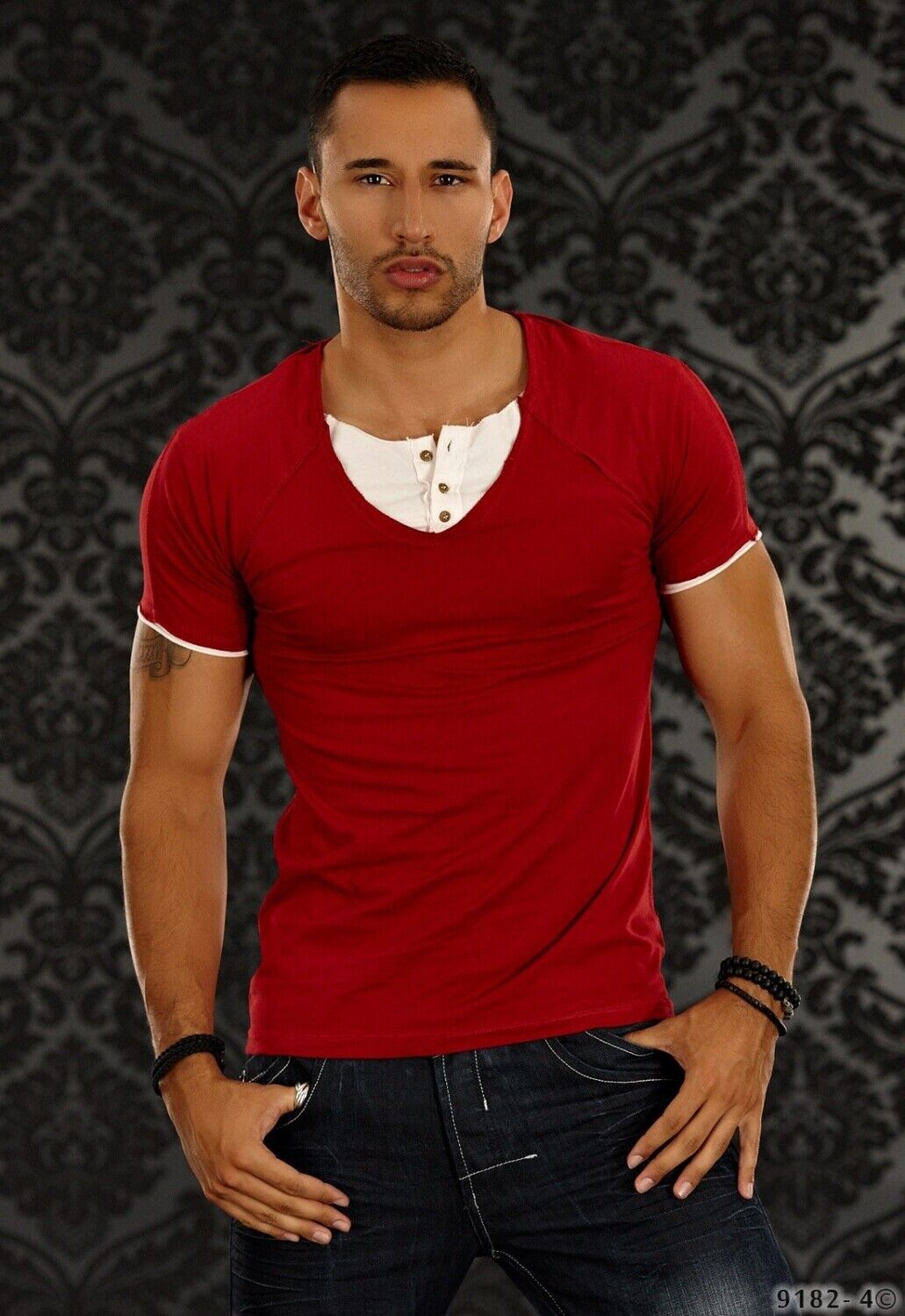 Herren Under-Over Shirt Gr. M Rot ReRock T-Shirt V-Ausschnitt Knopfleiste Style