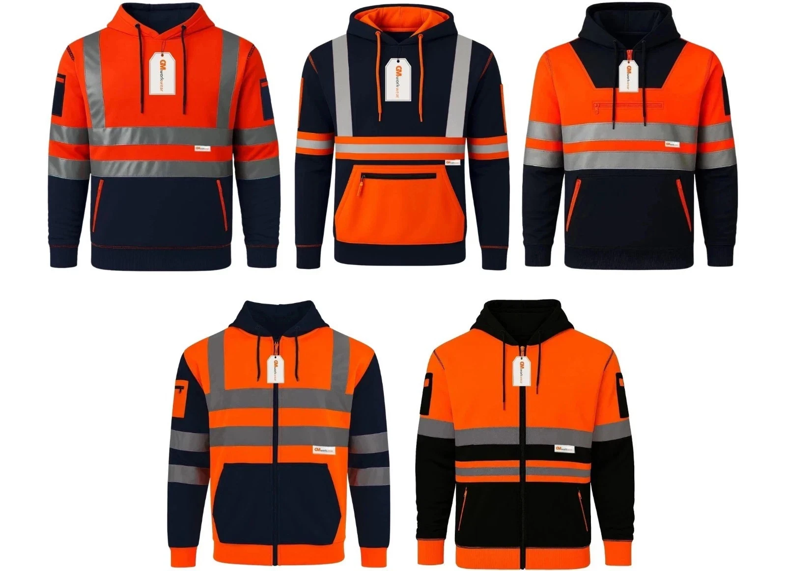GM Workwear Hi-Vis Pro Safety Hoodie - Orange Navy Two Tone 360 Reflective Tape Rail Spec EN ISO 20471