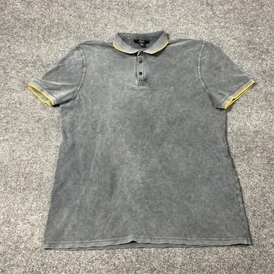 Mavi Polo Shirt Mens Extra Large Gray Slim Fit Washed Pique Cotton Yellow Trim