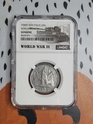 1940R XVIII ITALY LIRA NON MAGNETIC GENUINE GRADE WW2 ERA COIN NGC SLAB