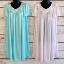 2 Miss Elaine Classics Womens Night Gowns Blue Pink M Embroidered