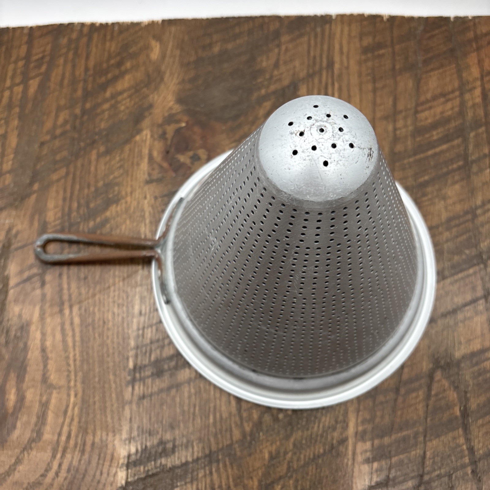 Vintage VIKO 1950's Aluminum Cone Colander Strainer Sieve, 9" x 7" Canning USA