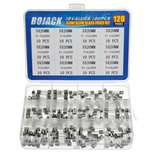 12 Values 120 Pcs Slow Blow Glass Fuses Assortment Kit 5X20Mm 250V T0.5A 1A 1.25