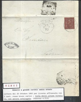 1892 2C ISOLATED ON ENVELOPE FROM VINCI X LIVORNO