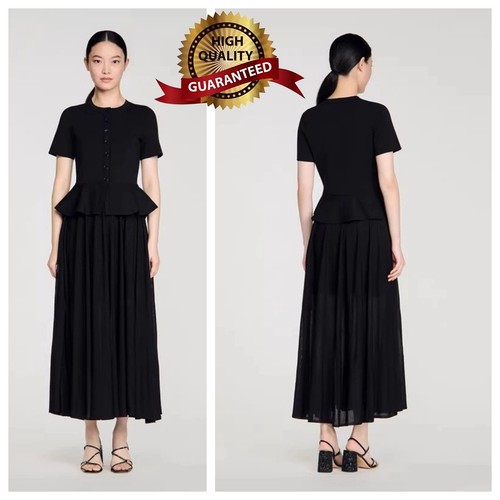 🎁AUTHENTIC Sandro Women Round Neck Two Fakes Pleated Knitted Evening Dress SML