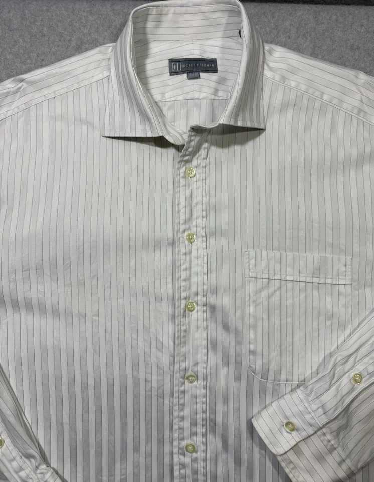 Hickey Freeman 衬衫男式 17.5 34 白色蓝色条纹棉质连衣裙加拿大制造 — 第 3/4 张图片