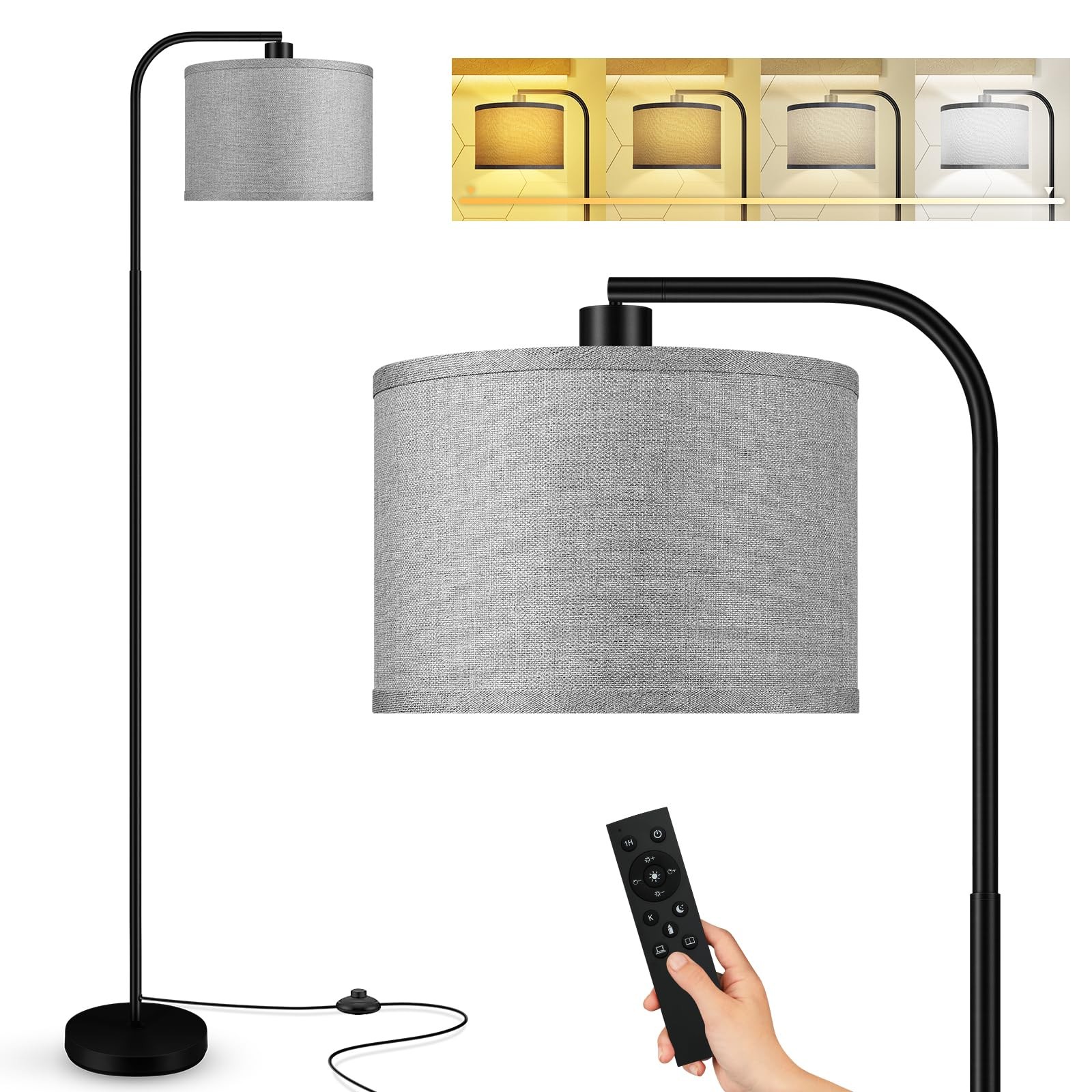 Dimmable Modern Arc Floor Lamp with Remote for Living Room Sofa