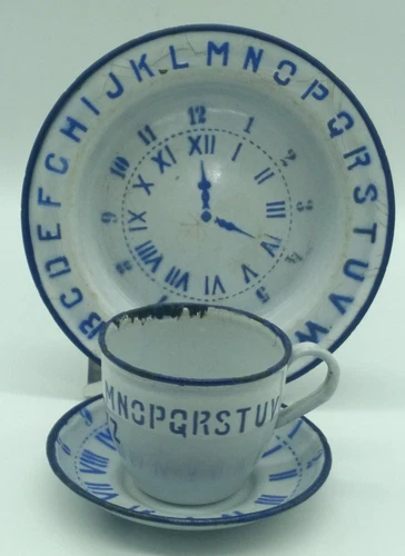 Antique Made in Austria Enameled Child Dishes Clock ABCs