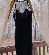 Navy Blue Satin Sheath Dress Bow Beaded Sweetheart Neck Spaghetti Strap