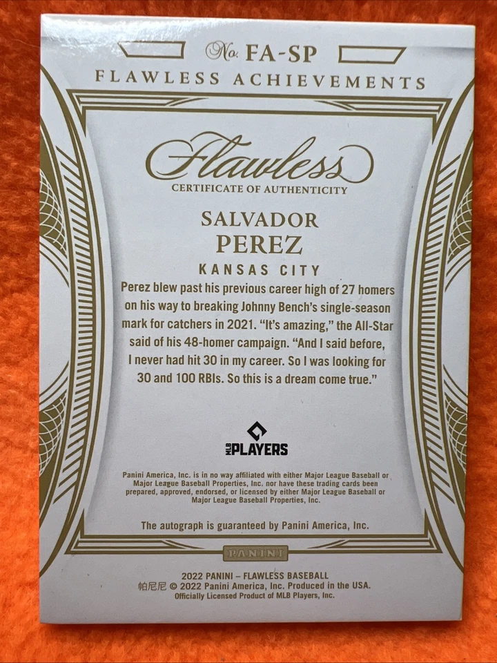 САЛЬВАДОР ПЕРЕЗ 2022 PANINI БЕЗУПРЕЧНЫЙ FA-SP НА КАРТОЧКЕ АВТО КНИГА КОНЕЦ 10/10 ROYALS - Изображение 2 из 2