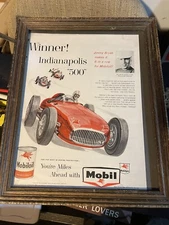VTG Mobil Oil Framed Paper Advertising Indianapolis 500 Pegasus Gas Oil Mancave