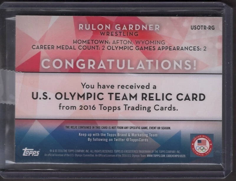 2016 Topps U.S. Olympic Team Rulon Gardner WRESTLING GAME USED /75 GOLD CHAMPION - Image 2 of 3