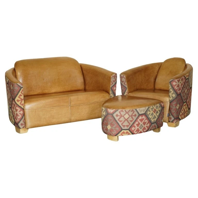 STUNNING VINTAGE BROWN LEATHER & KILIM ROCKET SOFA ARMCHAIR & FOOTSTOOL SUITE