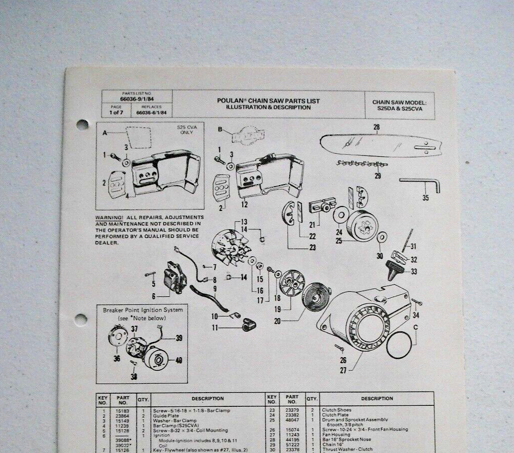 Vintage 1984 Poulan Chain Saw Parts List - Model S25DA & S25CVA