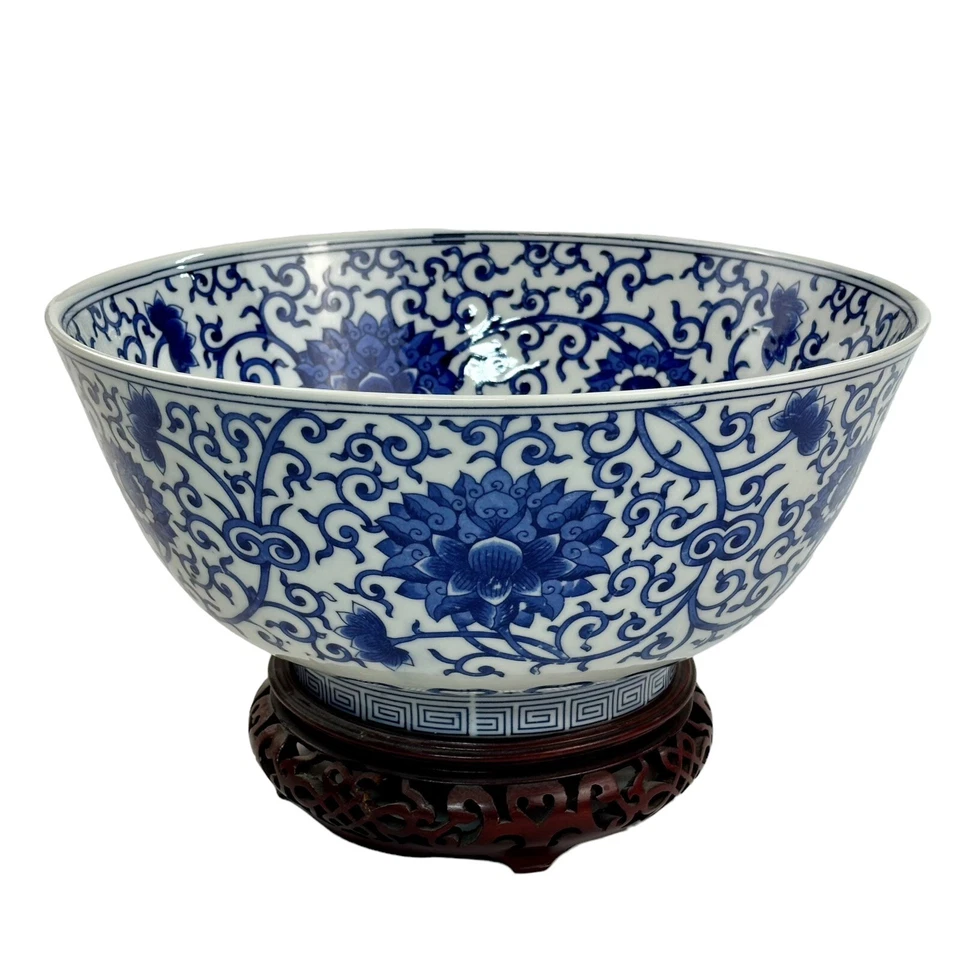 Vintage Chinese Porcelain Ming Dynasty Style Bowl 12” Blue White + Wood Stand - Image 2 of 4