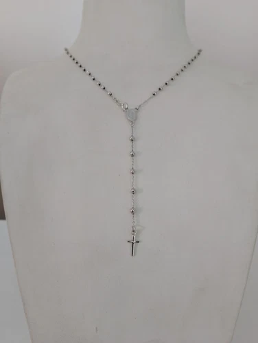 COLLANA ROSARIO ORO BIANCO 750 18K UNISEX MEDAGLIA MIRACOLOSA CROCE SFERE LUCIDE - Foto 25 di 35