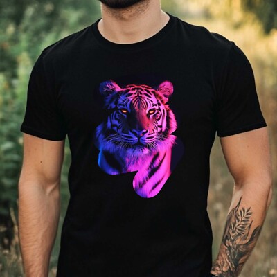 Herren T-Shirt Neonlicht Tiger Motiv Baumwolle Größe XS bis 5XL