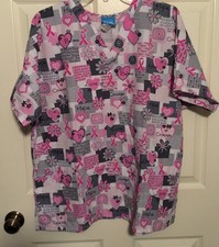 WOMAN'S HQ SCRUBS BRAND SHORT SLEEVE HEARTS CANCER SCRUB SHIRT SIZE L