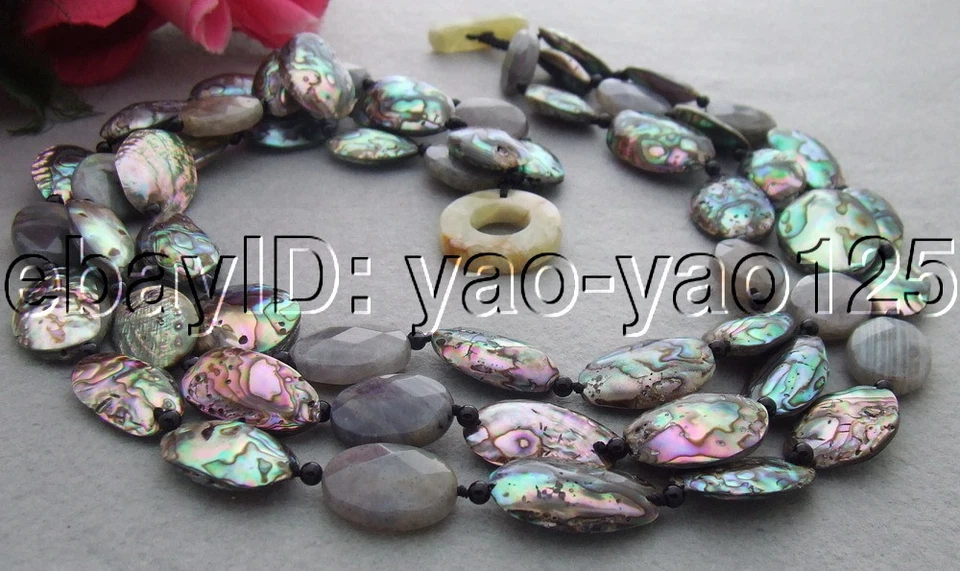 Collar de 3 hilos concha de abulón Paua natural y labradorita y ónix Foto 3 de 3