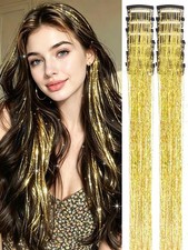Gold Hair Tinsel Extensions Clip In Glitter Sparkle 22 Inch 12 Pcs