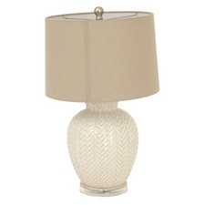 Image of Twill Weave Ceramic Table Lamp with Linen Shade in White for Contemporary Decor