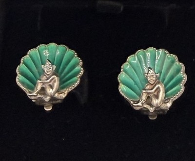 Bernard Instone Sterling Silver Pixie Earrings Green Enamel Vintage Clip On