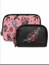 Ed Hardy 2pc Cosmetic Bag Set Rose Rhinestone Pink Tattoo Print Makeup Bags