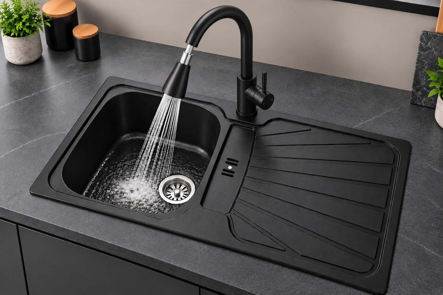 B&Q - Cmp5Bl 1 Bowl Black Kitchen Sink With Kpo11Mb Black Pull Out Tap - Image 2