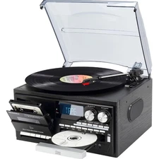 Vintage 9-in-1 Record Player Turntable with Bluetooth, CD, Cassette, USB, SD,...