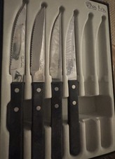 Robert Welch 4 Steak Knives Set Stainless Steel Serrated Black Handles Boxed
