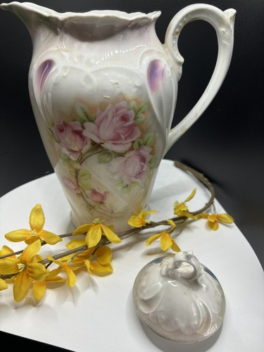 Chocolate Pot or Coffee Pot Germany Pink & Yellow Roses White Flowers 9 3/4". - Picture 3 of 7